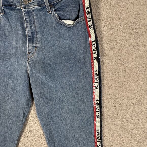 Levi's 721 Premium High Rise Denim Jean Skinny Sz 33 Sequin Logo Stripes Raw Hem - Picture 4 of 16